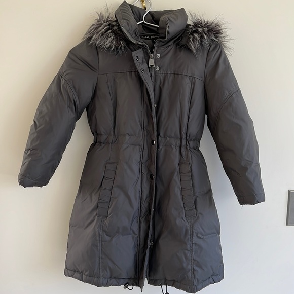 Via Spiga Other - EUC Via Spiga Gray Puffer Coat Jacket Girls Sz S Hooded Faux Fur Fleece